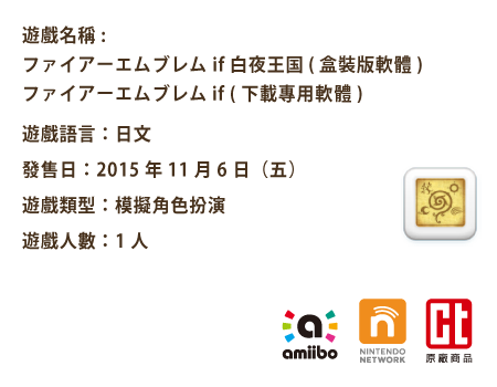 遊戲名稱: ファイアーエムブレムif / 遊戲語言：日文 / 發售日：2015年11月6日（五）/ 遊戲類型：模擬角色扮演 / 遊戲人數： 1人 