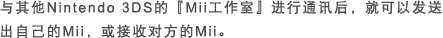 与其他Nintendo 3DS的『Mii工作室』进行通讯后，就可以发送出自己的Mii，或接收对方的Mii。