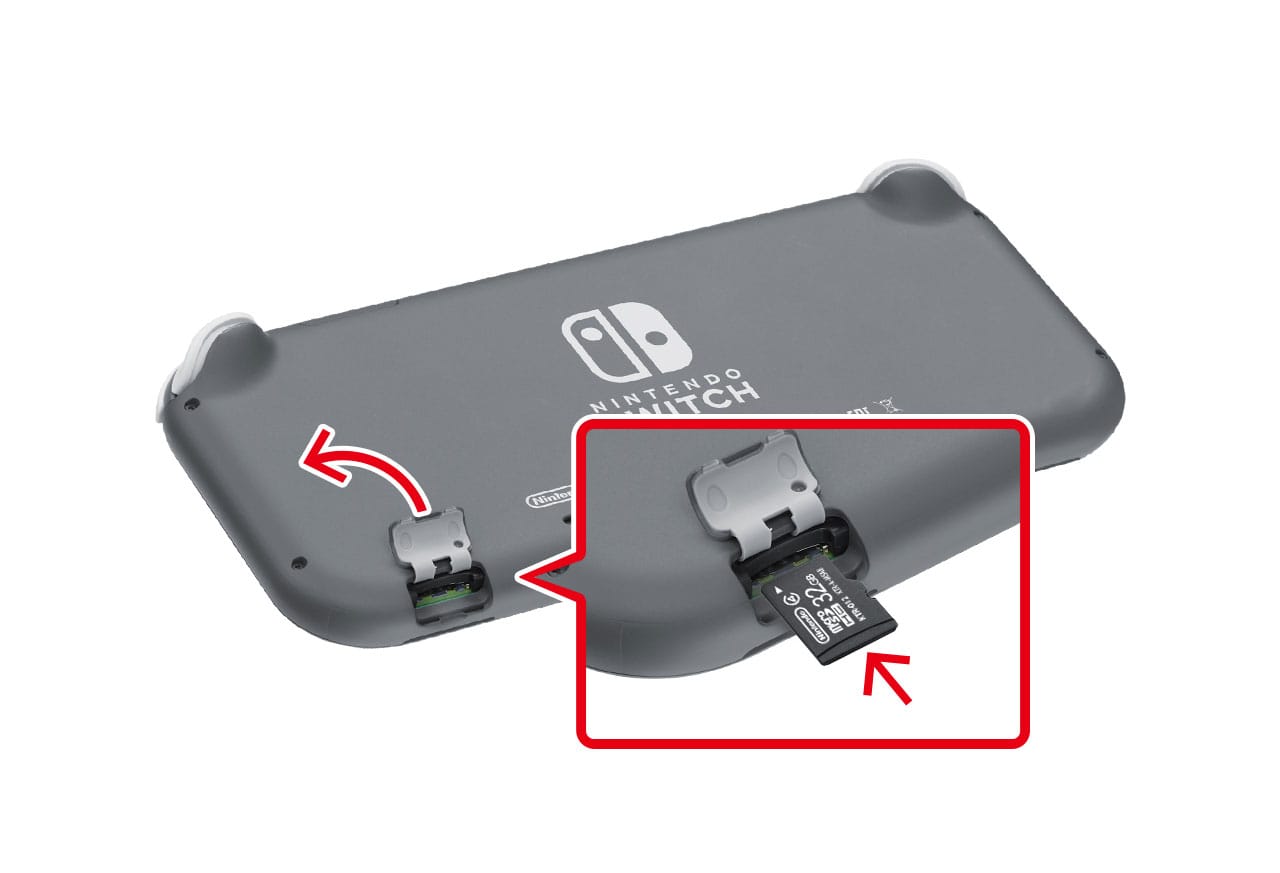 microSDメモリーカードを本体に差し込みます。 Nintendo Switch Lite本体の場合
