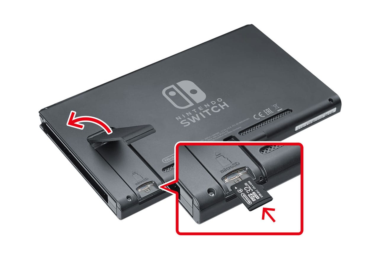 microSDメモリーカードを本体に差し込みます。 Nintendo Switch本体の場合