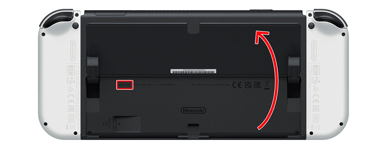 ・Nintendo Switch本体（有機ELモデル）[HEG-001]本体背面にあるスタンドを開くと、確認できます。